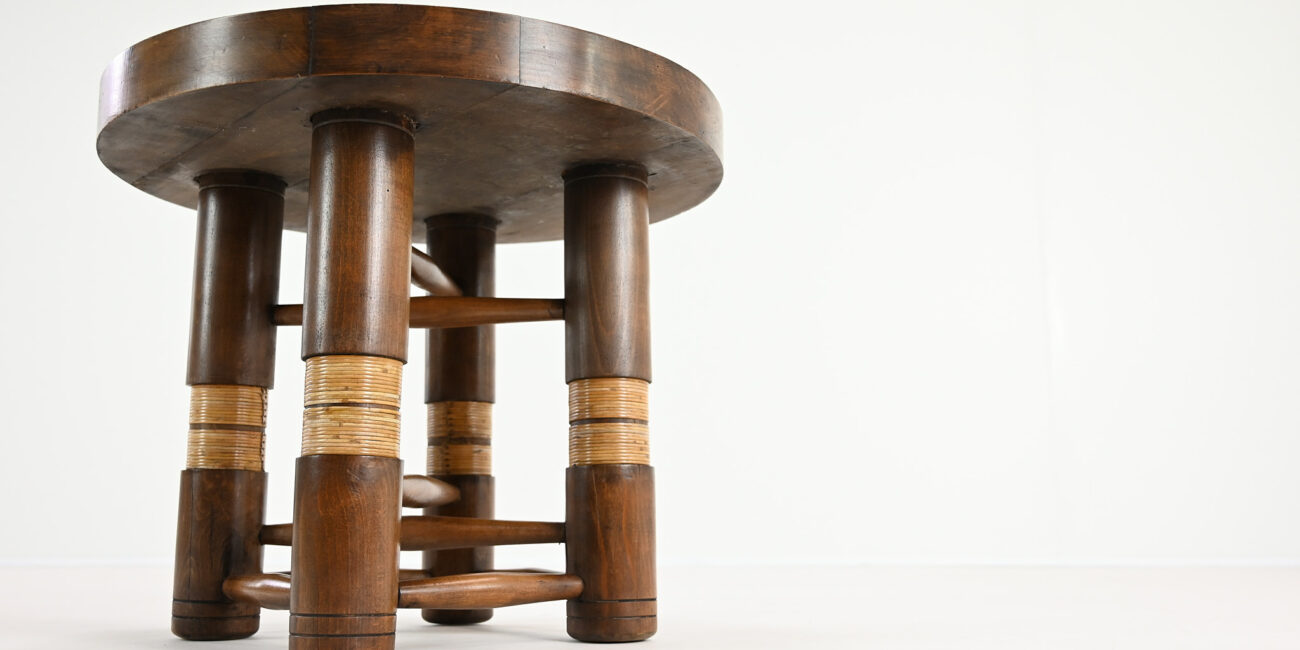 charles dudouyt brutalist primitive brutaliste round side end table ronde rope cane 1940 modernist vintage oak chêne