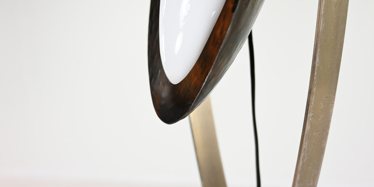 Sculptural floor lamp, by Italian designer Goffredo Reggiani during the 60's. Structure made of steel resting on a round carrare marble base and supporting an ovoid shaped orientable copper reflector with an acrylic glass diffuser.