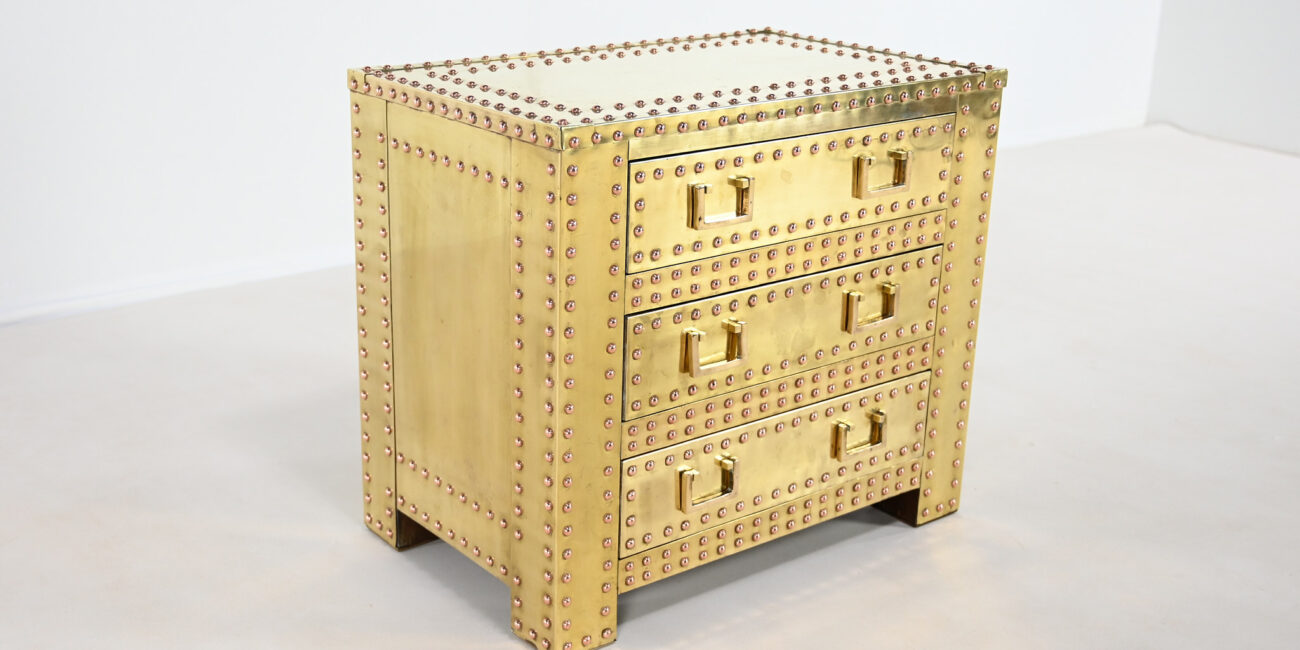brass copper hollywood regency sarreid spanish chest of drawers 1970 seventies vintage design commode laiton
