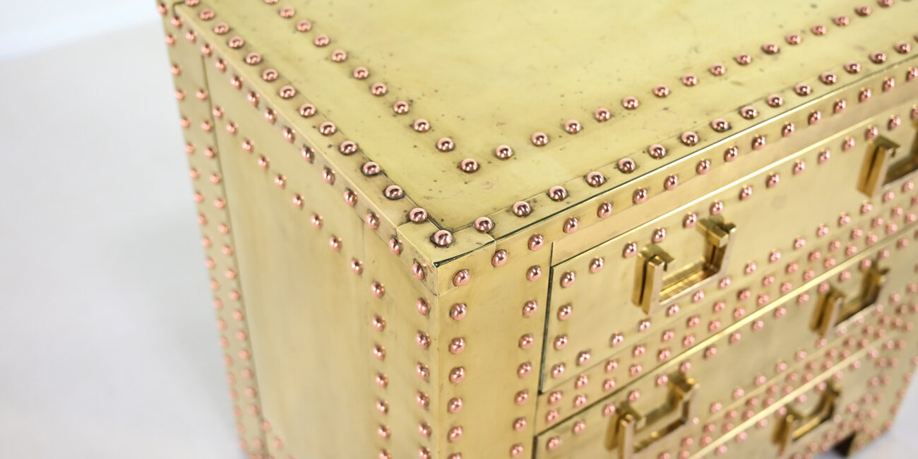 brass copper hollywood regency sarreid spanish chest of drawers 1970 seventies vintage design commode laiton