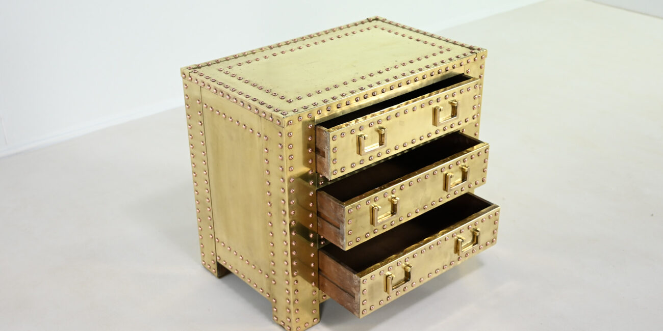 brass copper hollywood regency sarreid spanish chest of drawers 1970 seventies vintage design commode laiton