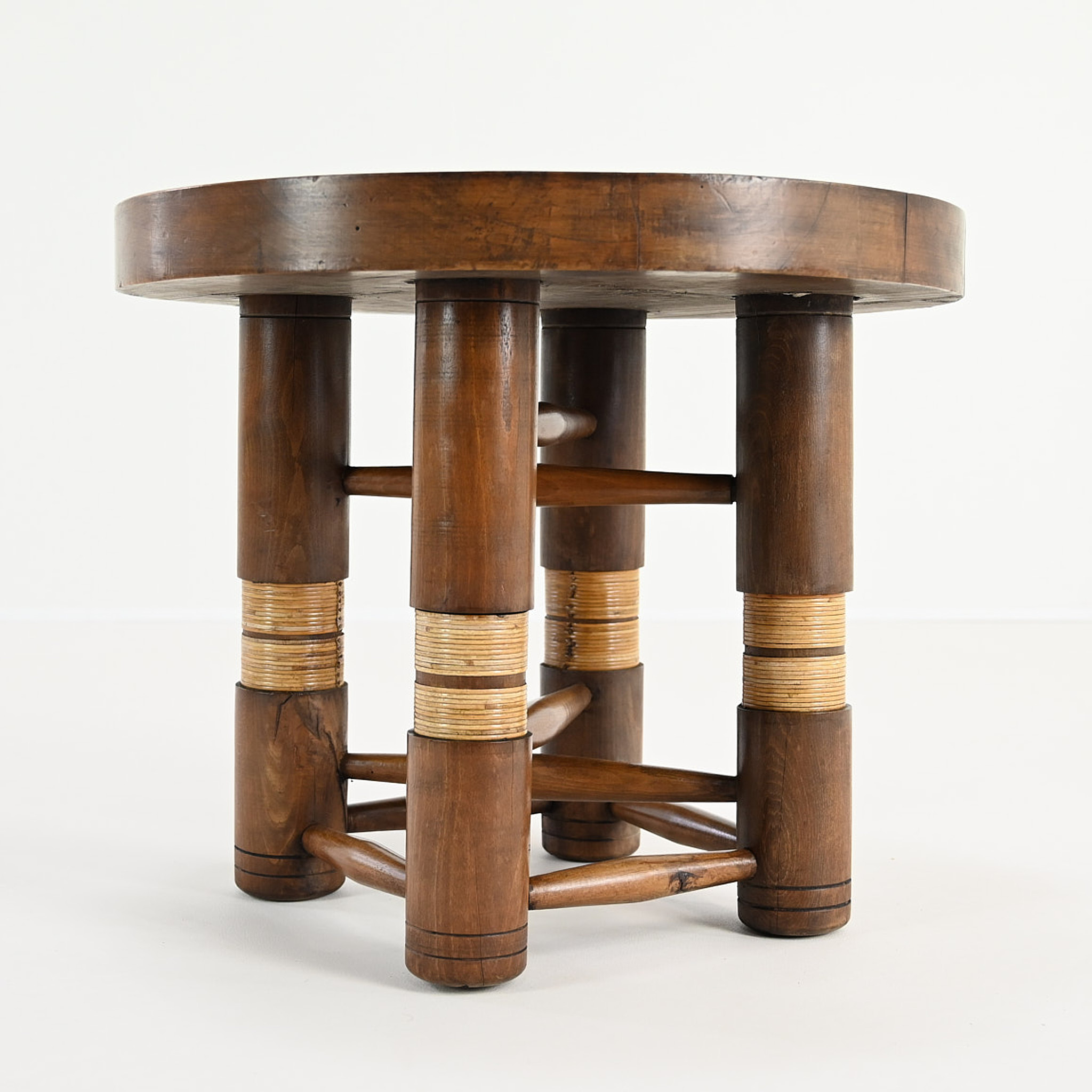 In the Manner of Charles Dudouyt, Side Table in Solid Oak and Cane. C.1940